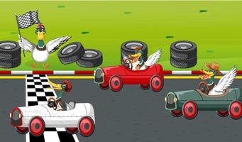 Soap box derby race with ducks cartoon character vector