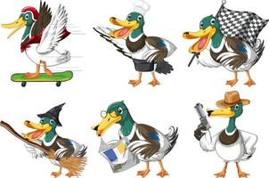 Set of different ducks cartoon character vector