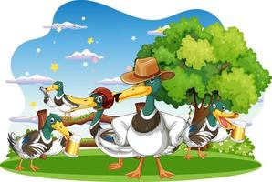 Happy duck group in nature scene vector