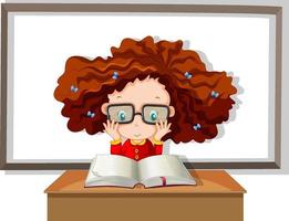 estudiante con cabello rizado leyendo un libro con tablero en el fondo vector