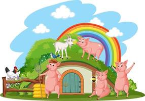 Pig and goat at hobbit house on white background vector