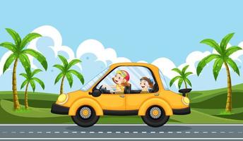 Road trip vacation with yellow car vector