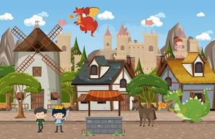 Medieval village scene castle background vector