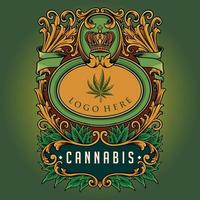 insignia de corona de cannabis clásica de lujo con ilustraciones ornamentadas florecientes vector