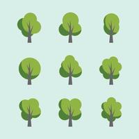 Set of nine flat trees in green tones vector