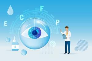 diagnóstico médico oftalmólogo y control de la vista del paciente. oftalmología examen de la vista y tratamiento médico. prueba óptica para una buena visión y un cuidado ocular saludable. vector