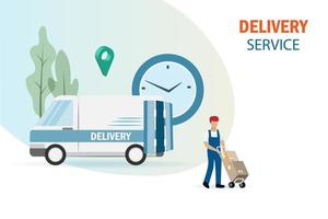 Delivery man on time delivery shipment with delivery truck and pin point map. Smart logistics and supply chain tracking system. Import export shipping freight transportation technology . vector