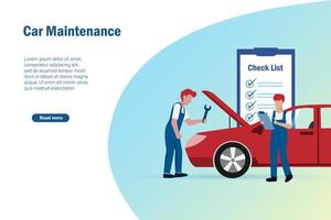Car maintenance and auto repair service concept. Mechanician fixing and repairing car with check lists. vector