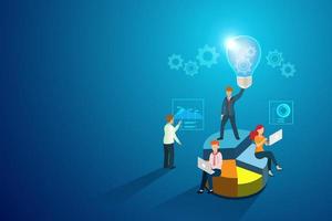 Business achievement, creativity idea and innovative concept. Businessman hold creative lightbulb on growth graph with colleagues for competitive business solutions. vector