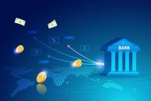 Digital finance and banking investment service in futuristic background. Bank building with online growth graph investment, secure money and financial innovation technology. vector