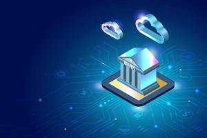 Digital finance and banking investment service on microchip with cloud computing in futuristic background. Bank building with online payment, secure money and financial innovation technology. vector