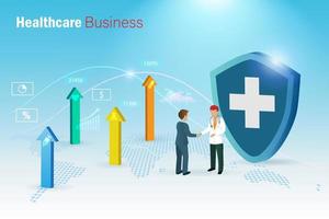 Doctor and businessman handshake on growth graph medical healthcare business. Medical business partnership and collaboration to develop people wellness and health problem solution.