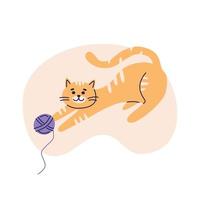 Red cat play with a ball of yarn. Flat vector illustration in trendy colors, isolated on a white background.