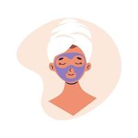 Young woman wrap towel on head and make beauty cosmetic mask. Self care, spa procedures for face skin. Flat vector illustration, isolated on a white background.