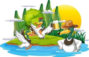 Happy duck group in nature scene vector