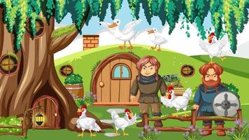 escena de dibujos animados hobbit con animales vector