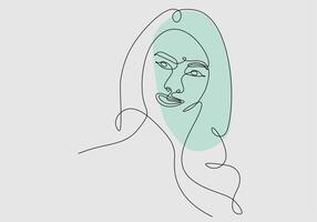 Continuous one line drawing of a woman's face. Horizontal Elegant minimalistic portrait of female with abstract pastel shape for a logo, emblem or web banner. Vector illustration