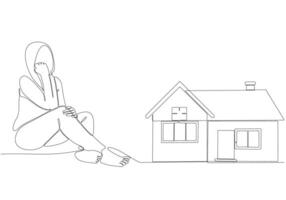 continuous line sad woman wants to buy a house vector illustration