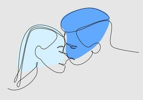 Minimalistic face line illustration of couple kissing. Abstract vector man and woman. Black and white on white background. One line drawing