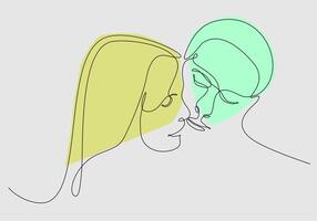 Minimalistic face line illustration of couple kissing. Abstract vector man and woman. Black and white on white background. One line drawing