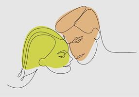 Minimalistic face line illustration of couple kissing. Abstract vector man and woman. Black and white on white background. One line drawing