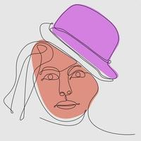 One continuous line drawing portrait of a young woman in a hat, cap, baseball cap. Single hand drawn line art doodle line isolated minimal illustration flat cartoon character vector