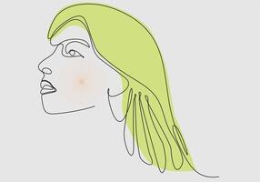 Continuous one line drawing of a woman's face. Horizontal Elegant minimalistic portrait of female with abstract pastel shape for a logo, emblem or web banner. Vector illustration