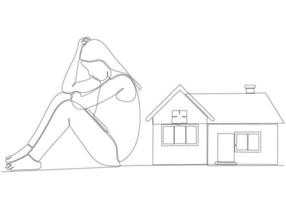 continuous line sad woman wants to buy a house vector illustration
