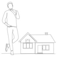 línea continua de hombres pensando en comprar una casa ilustración vectorial vector