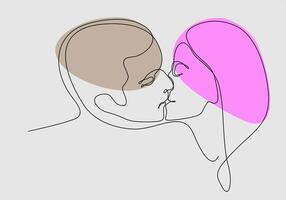 Minimalistic face line illustration of couple kissing. Abstract vector man and woman. Black and white on white background. One line drawing