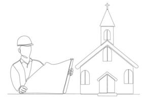 continuous line male architect building church vector illustration