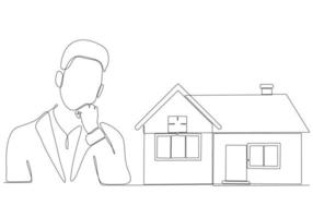 continuous line of men thinking about buying a house vector illustration
