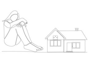 continuous line sad woman wants to buy a house vector illustration