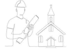 continuous line male architect building church vector illustration