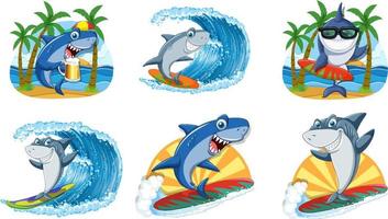diferentes tiburones en la playa de verano vector
