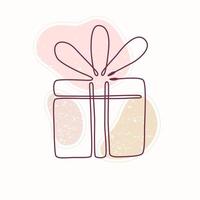 Single line drawing of gift with textured color spots. Vector hand drawn line art style. Textured background