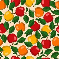 Seamless pattern with ripe red, orange, yellow apples and green leaves. Densely arrangement of elements. Vector illustration. Good for kitchen, home decoration.