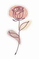 Single line drawing of rose with textured color spots. Vector hand drawn line art style. Textured background