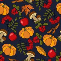 Seamless autumn pattern with natural elements on dark background. Vector