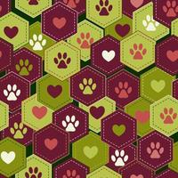Seamless pattern background with hearts and footprints of home pet in hexagons. Vector. Good for decoration of wrap, goods for pets. vector