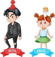personaje de dibujos animados con diablo y ángel luchando en pensamiento vector