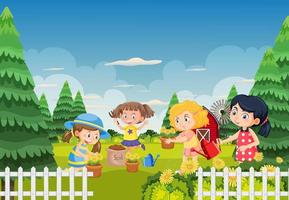 Happy people in the park gardening vector