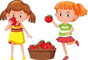 dos niñas con manzanas rojas vector