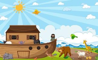 Noah's Ark with wild animals in nature scene vector