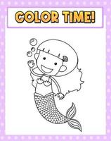 Worksheets template with color time text and mermaid outline vector