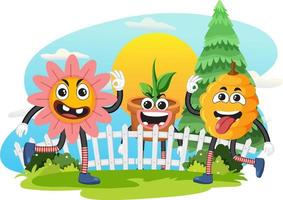 Funny food cartoon character at the garden vector