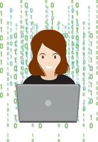 A woman using laptop with binary code vector