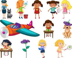 Set of different cute kids and objects vector