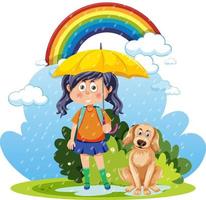 A girl holding umbrella with a dog vector