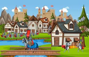 Medieval village scene castle background vector